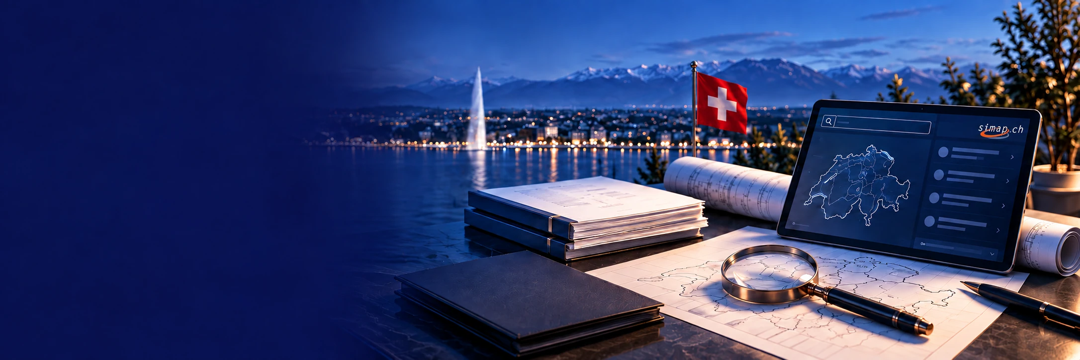 Vue de Genève et documents de préparation d’un appel d’offres SIMAP en Suisse